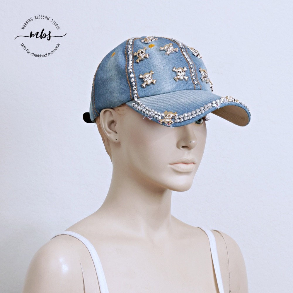 Embellished Y2K Rhinestone Gold Skulls Denim Cap Blue Gold Silver Unisex OS